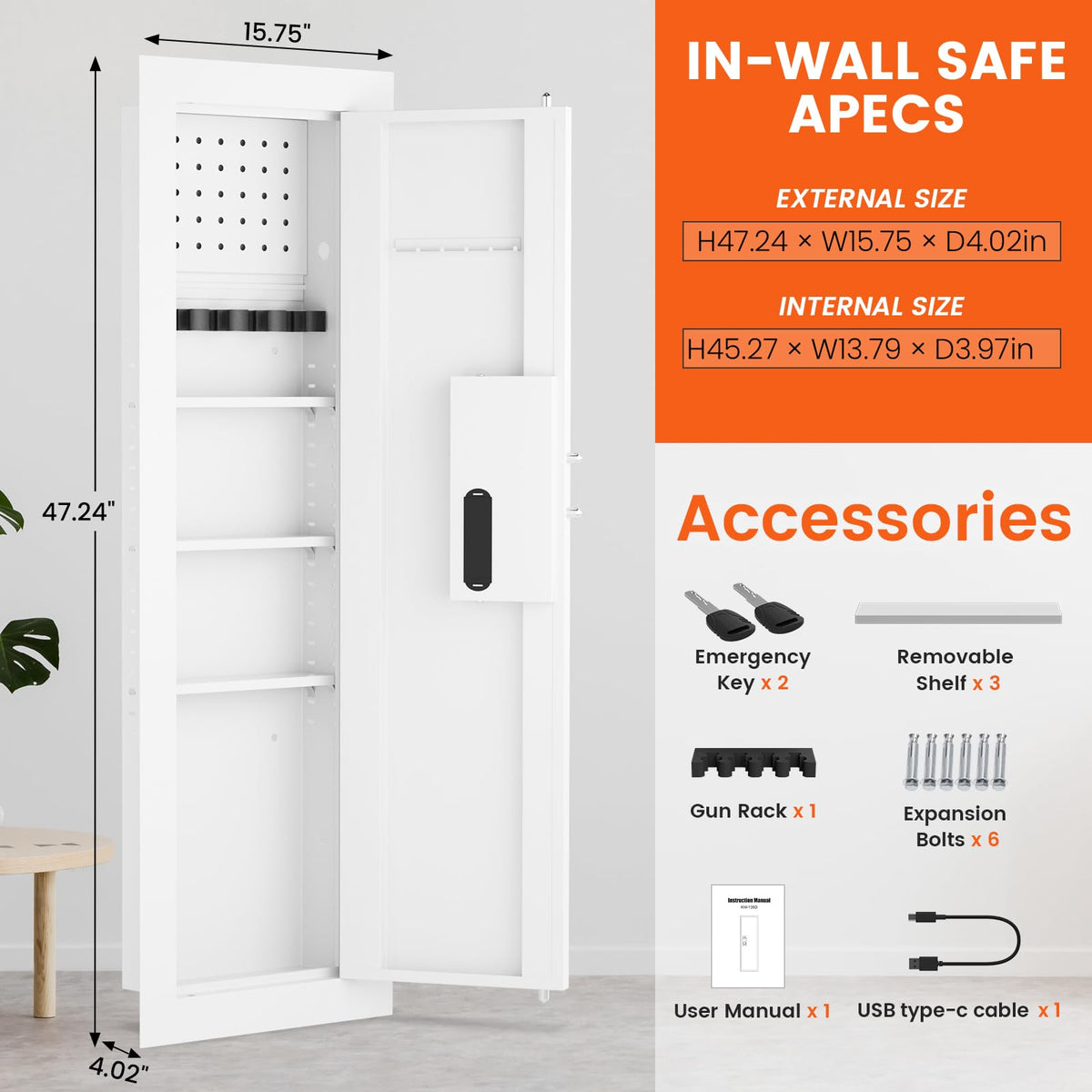 kavey 47.24" Wall Safe Between the Studs, Hidden Safe with Pegboard & LCD Keypad, Digital In Wall Gun Safe with 3 Removable Shelves, Magnetic Gun Slot, In Wall Safe (White-Digital) - image 5