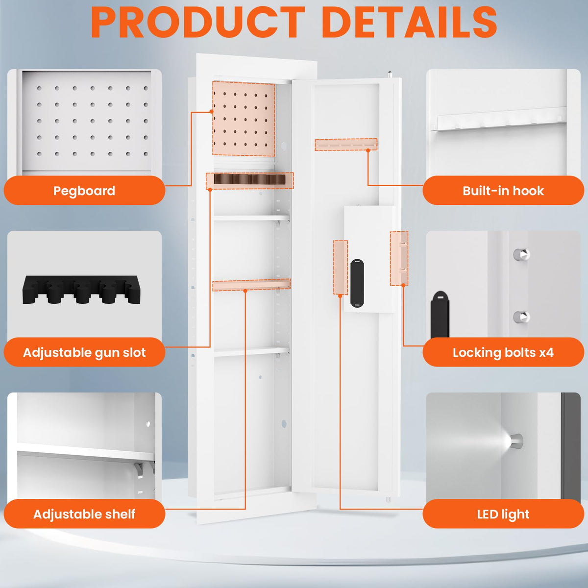 kavey 47.24" Wall Safe Between the Studs, Hidden Safe with Pegboard & LCD Keypad, Digital In Wall Gun Safe with 3 Removable Shelves, Magnetic Gun Slot, In Wall Safe (White-Digital) - image 6