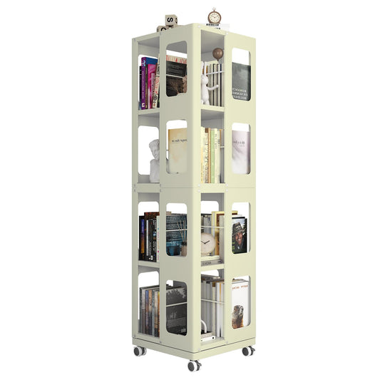 kavey 4 Tier Rotating Bookshelf Tower, 360° Spinning Bookshelf with Swivel Wheels, Steel Book Shelf Rotating Storage Tower, Narrow Bookshelves for Bedroom, Office (Yellow) - image 1