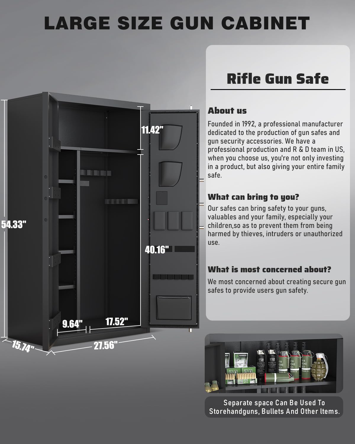 30-40 Gun Safe, 54" Biometric Gun Safe for Rilfes and Pistols, Rifle Safe for Home, Large Gun Cabinet for Shotguns with 3 Gun Racks & Adjustable Shelves (Unassembled) - image 3