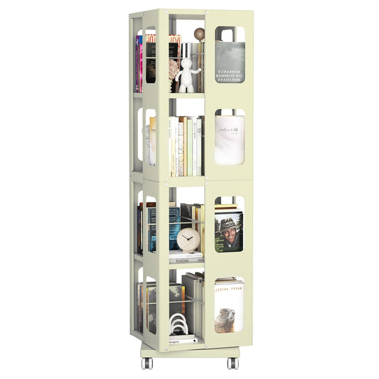kavey 4 Tier Rotating Bookshelf Tower, 360° Spinning Bookshelf with Swivel Wheels, Steel Book Shelf Rotating Storage Tower, Narrow Bookshelves for Bedroom, Office (Yellow) - image 2
