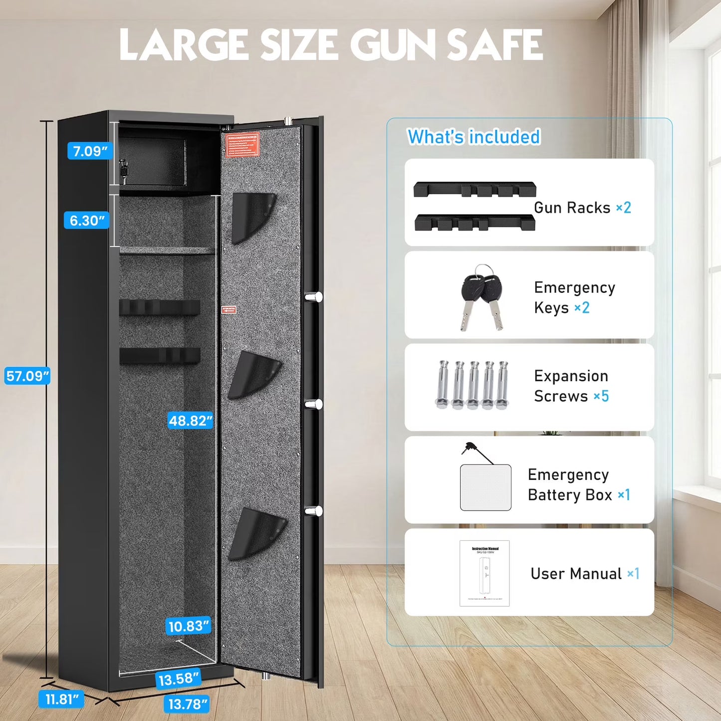 SDI-G2Q-145D, 5-10 Gun Safe, Biometric Long Gun Safes with Fingerprint & Inner Cabinet, Quick Access Gun Cabinet with Backlit Keypad & LED Light, Adjustable Racks, Removable Shelf for Rifle and Pistols