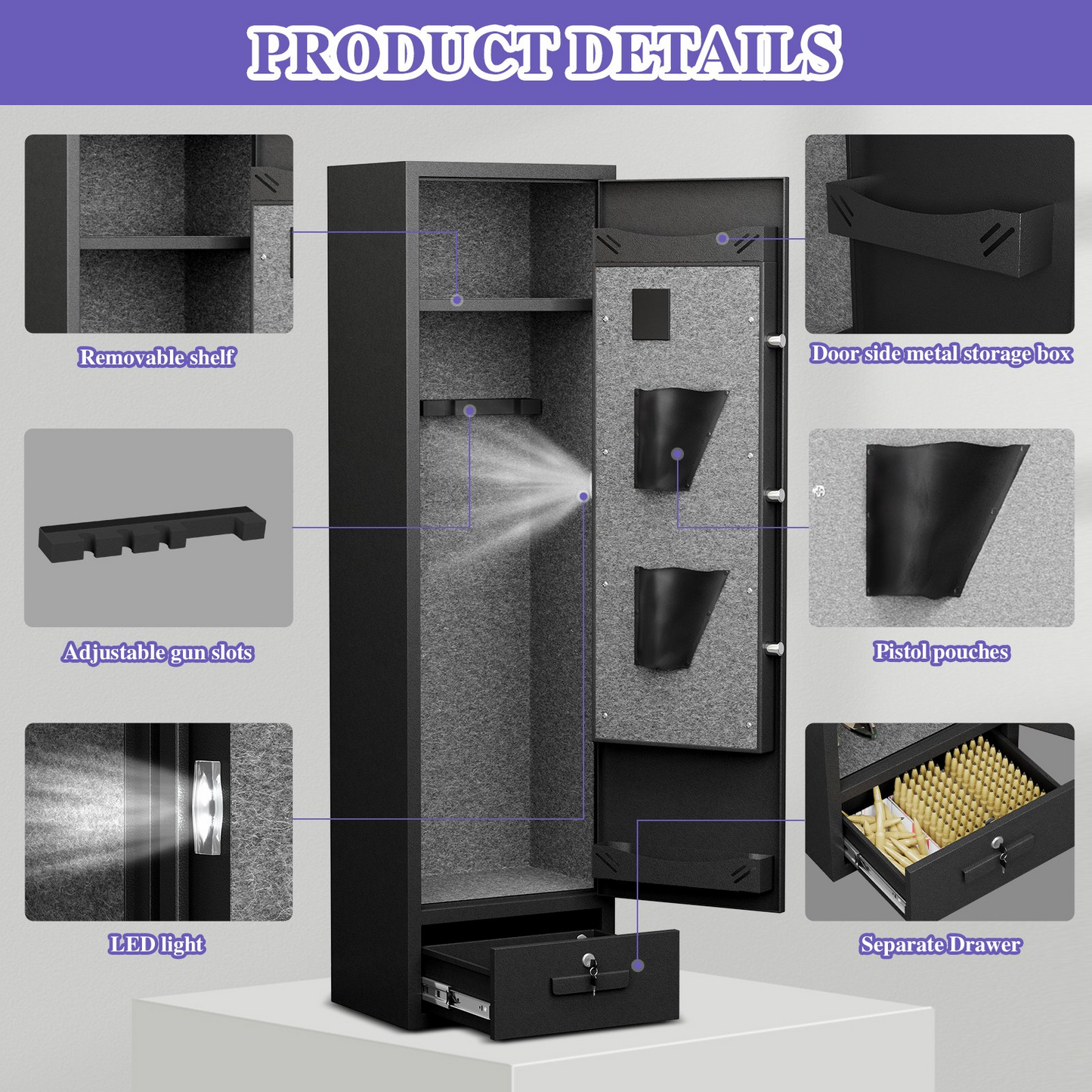 6-8 Gun Safe For Domestic Rifles And Pistols Gun Cabinet,With Backlit Keyboard And Dual Led Lights, Pockets And Removable Shelves