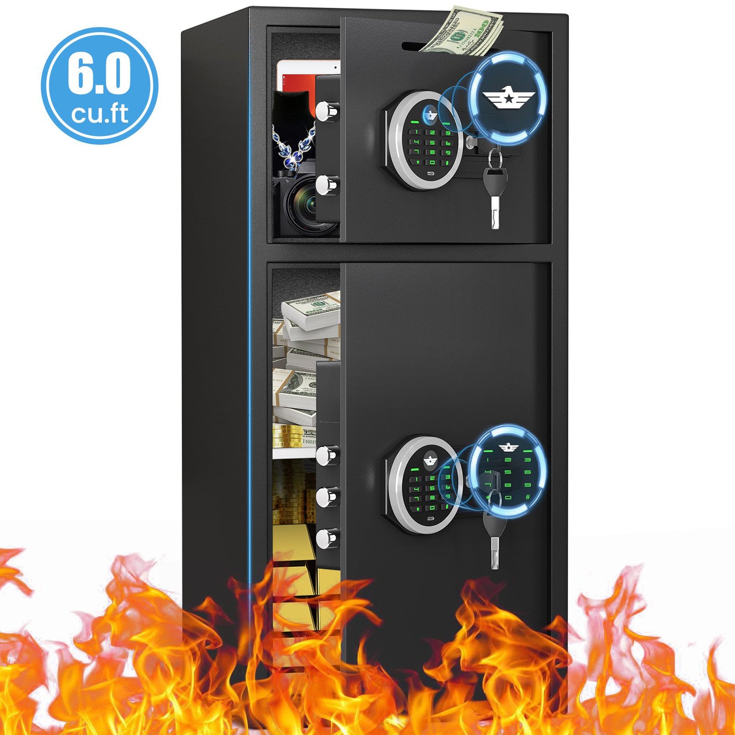BM-KM-65W 6.0 Cu ft Large Safe Box Fireproof,Biological Fingerprint Home Safe with Deposit Slot & Dual Alarm System