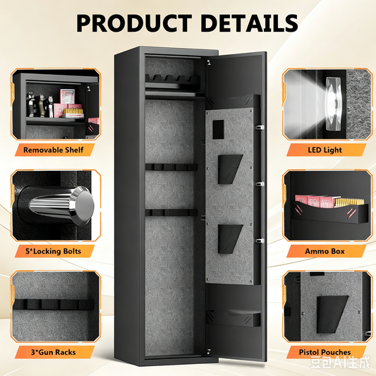KAV-GKM-138W- 5-7 Gun Safe, Biometric Fingerprint Gun Safe for Pistols and Shotguns, Long Gun Cabinet with Adjustable Gun Rack, Removable Shelf and Pistol Bags