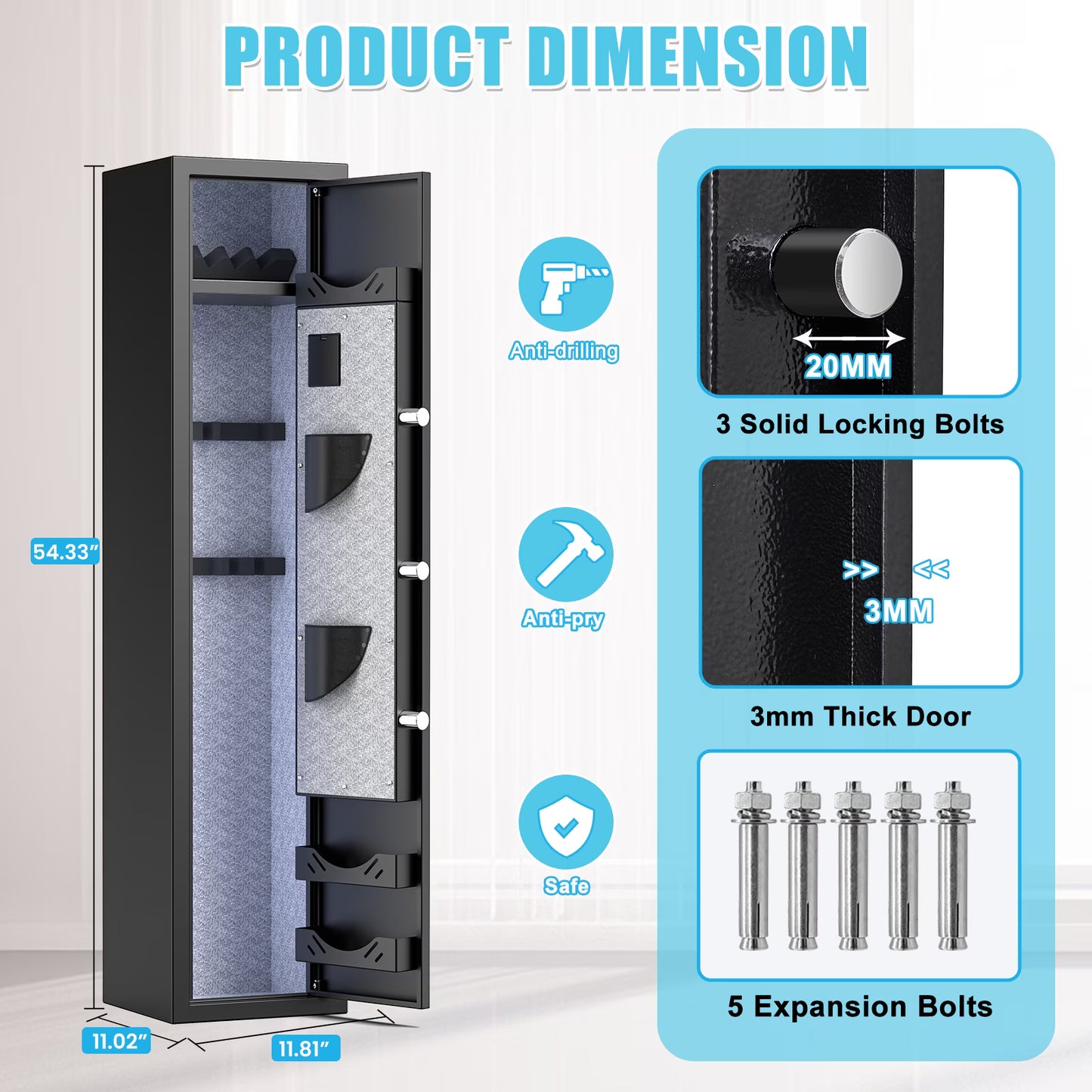 SDI-G2SQ-138W 5-10 Gun Safe, Biometric Long Gun Safes with Fingerprint, Digital Gun Safe with Backlit Keypad & LED Light, Gun Cabinet with 3 Adjustable Gun Slots, Removable Shelf, Ammo Box