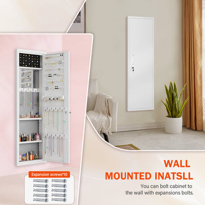 OME KW-120 Mirror Jewelry Cabinet, 47.24" Tall Wall Mounted Jewelry Cabinet with Mirror and Light, Large Jewelry Armoire Organizer, Jewelry Storage with Lock & Adjustable Shelves (White