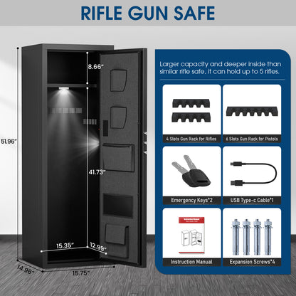 6-8 Rifle Gun Safe, Large Gun Safe with Digtal Keypad and Dual Alarm, Quick Access Gun Cabinet for Home Rifles and Pistols, Unassembled Gun Safe with Removable Shelves and Adjustable Racks