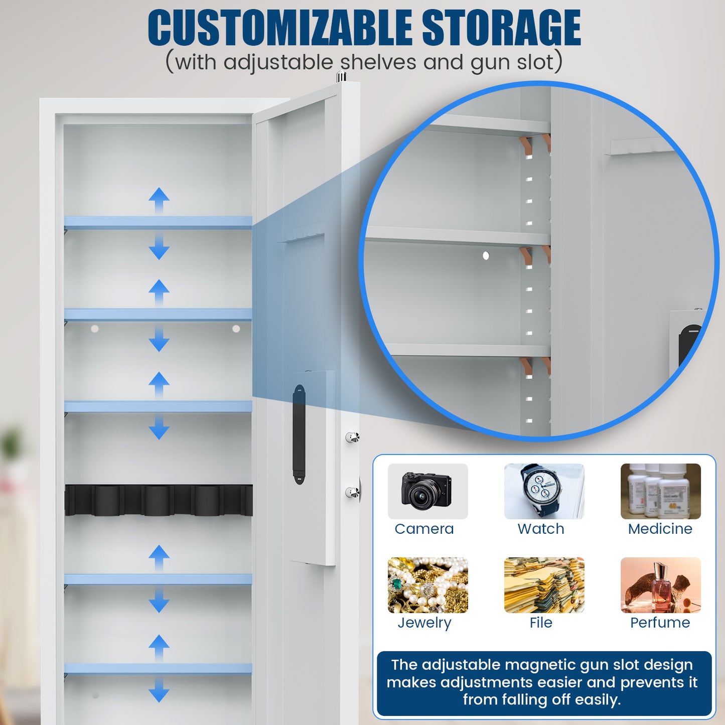 SDI-KW-135BW, Silkight 53.15" Wall Safe - Biometric Hidden Safe with Dual Alarm System, 3 Adjustable Shelves - White