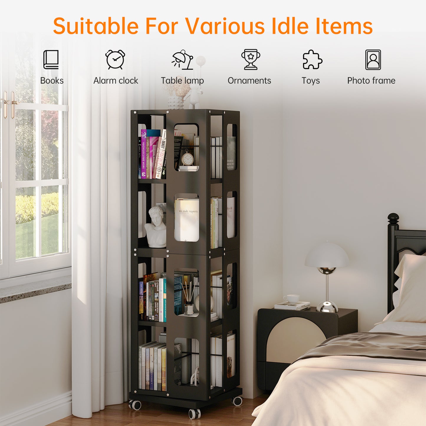 Silkight Book Shelf, 4 Tier All-Steel Rotating Bookshelf with 360° Wheels, Large Size Shelves Corner Book Shelf for Kids Rooms,Easy Assembly