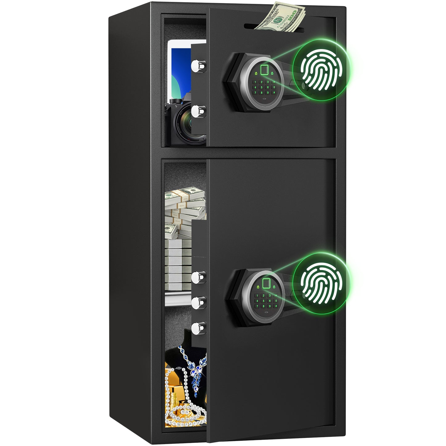 HK-KL-75W 6.5 Cu ft Large Safe Box Fireproof Waterproof,with LED Light fire proof safe for home documents,Fingerprint password personal Safe with Deposit Slot & Dual Alarm System，Security Box fo Valuables