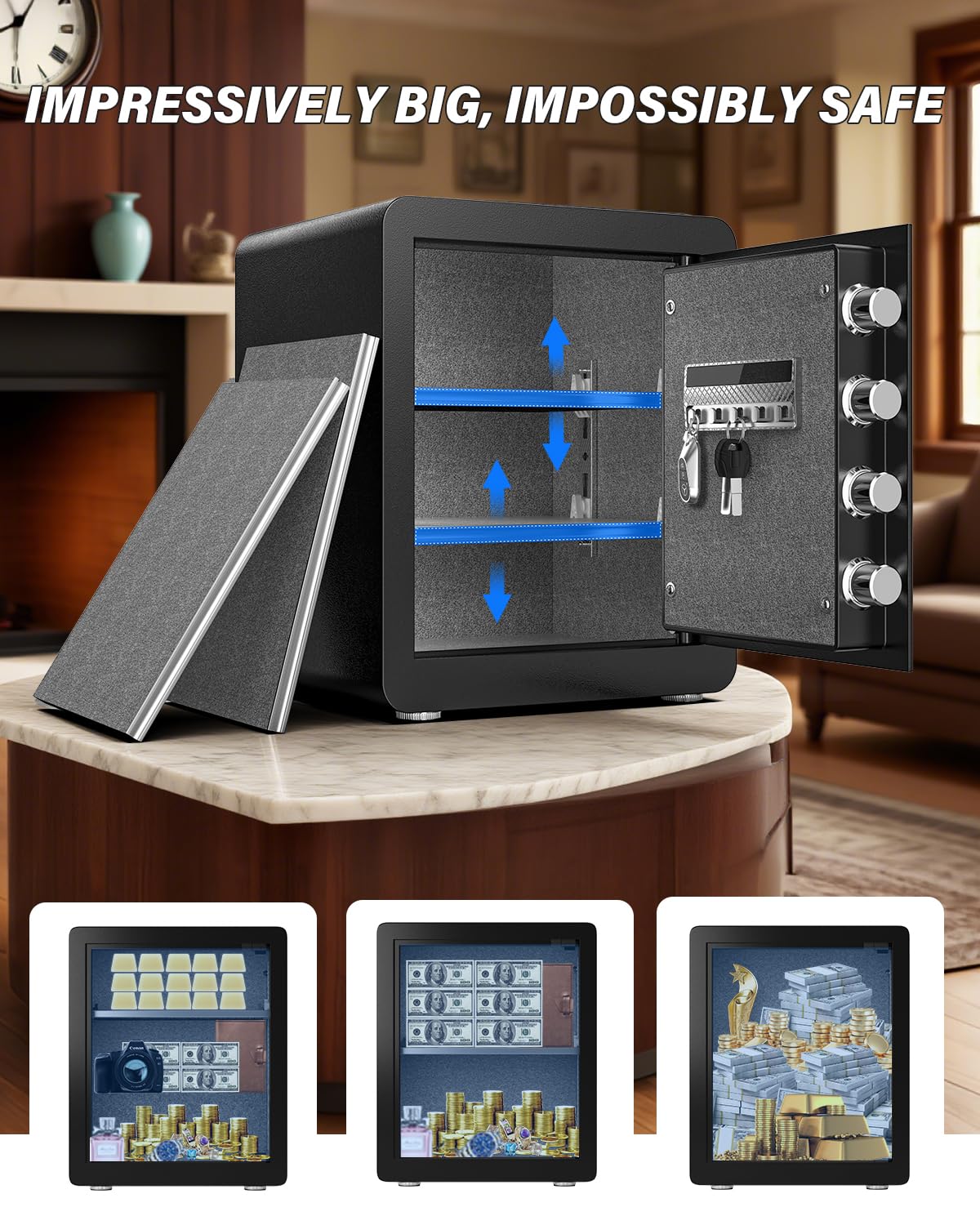 Kavey 2.0 Cubic Feet Biometric Safe Box with Fireproof Waterproof Bag, Fingerprint Home Security Safe with Touchscreen Keypad, Dual Alarm, Mute Mode, LED Light and 2 Adjustable Shelves for Home Office - image 5