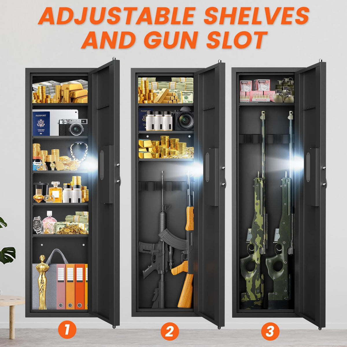 53.15" Wall Safe Between the Studs, Digital Hidden Safe with LCD Backlit Keypad, Large Wall Gun Safe with 5 Adjustable Shelves & Magnetic Slot for Home (Black-Digital) - image 5