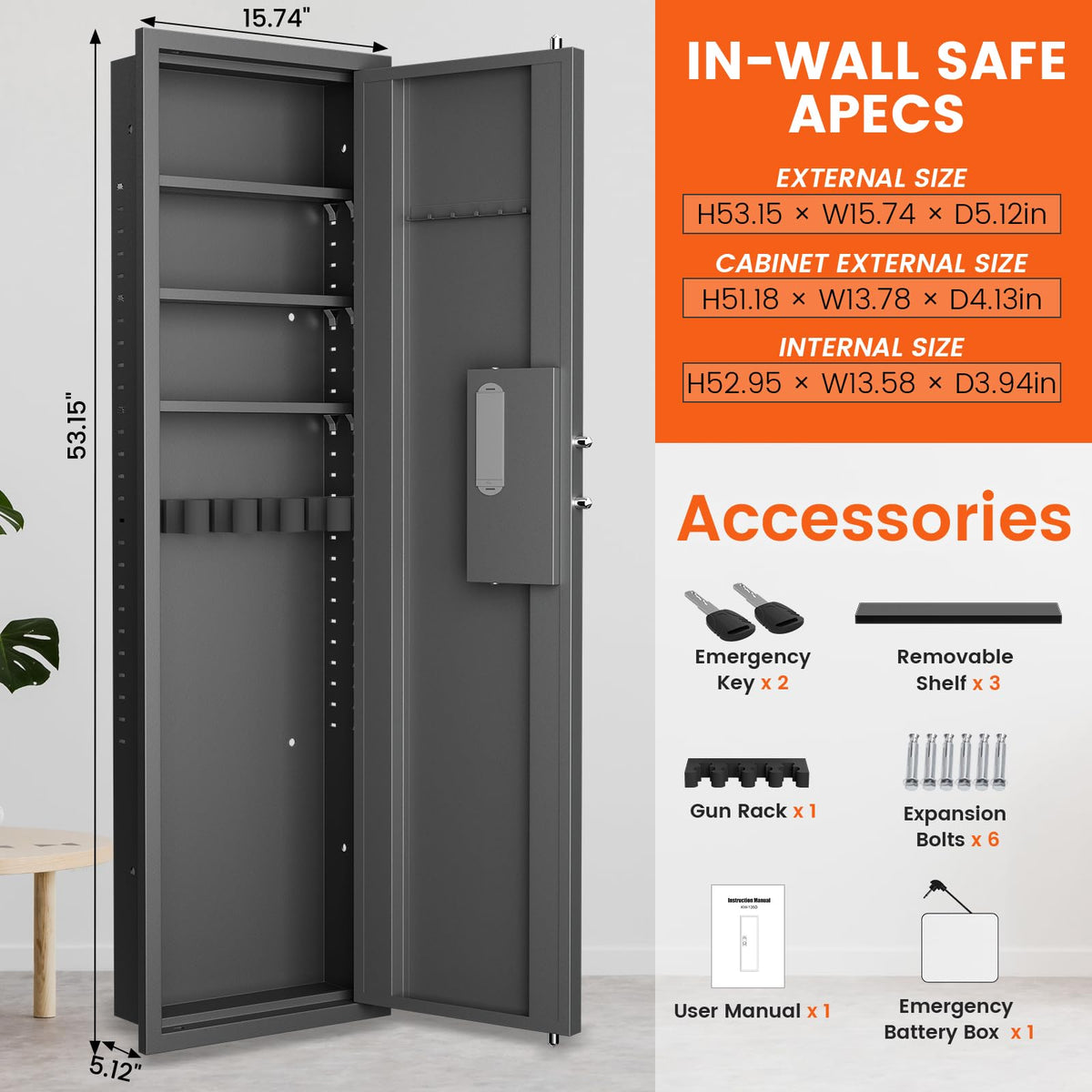 53.15" Wall Safe Between the Studs, Digital Hidden Safe with LCD Backlit Keypad, Large Wall Gun Safe with 5 Adjustable Shelves & Magnetic Slot for Home (Black-Digital) - image 2