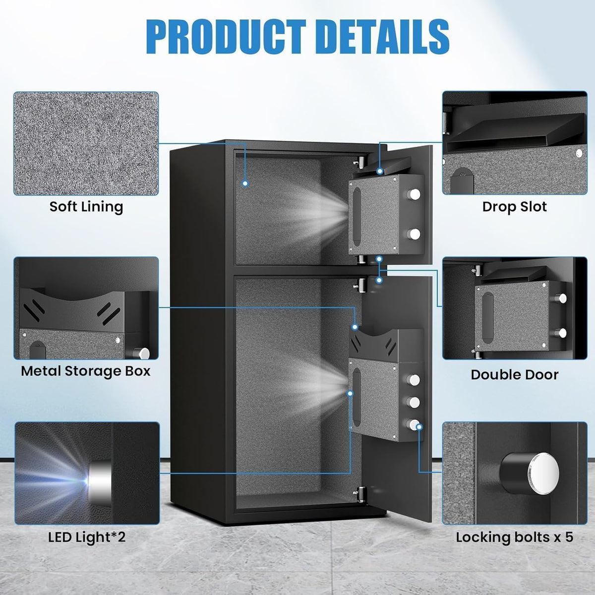 6.0 Cu ft Large Safe Box Fireproof Waterproof with LED Light Fire Proof Safe for Home Documents,Fingerprint Password Personal Safes with Deposit Slot & Dual Alarm System, Security Box for Valuables - image 5