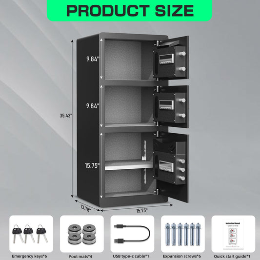 kavey 7.5 Cub Extra Large Home Safe Box Fireproof Waterproof, Drop Safe for Business with Digital Backlit Keypad and Mute Mode, Money Safe with Three Doors and Drop Slot for Home Office - image 2