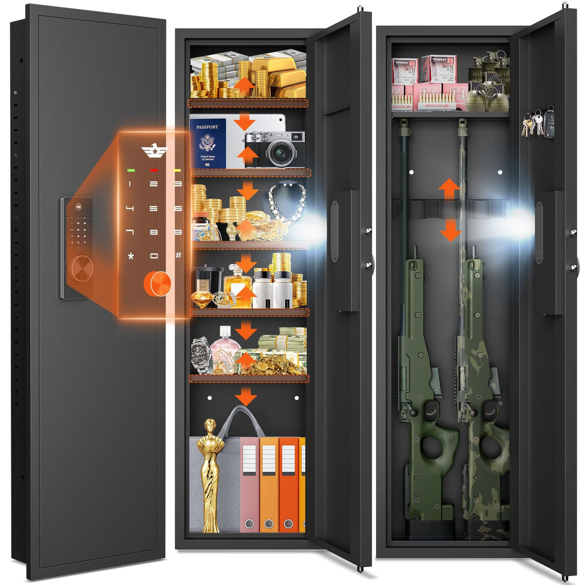 53.15" Wall Safe Between the Studs, Digital Hidden Safe with LCD Backlit Keypad, Large Wall Gun Safe with 5 Adjustable Shelves & Magnetic Slot for Home (Black-Digital) - image 1