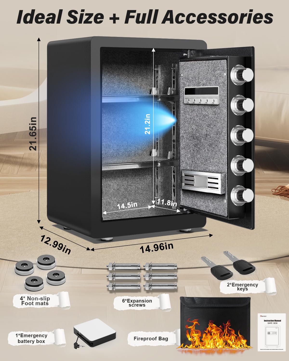 Kavey 2.5 Cub Safe Box, Large Home Safe with Fireproof Waterproof Bag, Security Safes with Backlit Touch Screen Keypad, Dual Alarm System and Mute Function for Home Office 13"D x 14.96"W x 21.65"H - image 3