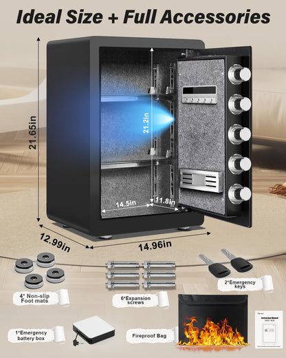 Kavey 2.5 Cub Safe Box, Large Home Safe with Fireproof Waterproof Bag, Security Safes with Backlit Touch Screen Keypad, Dual Alarm System and Mute Function for Home Office 13"D x 14.96"W x 21.65"H - image 3