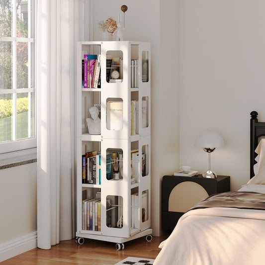 4 Tier Rotating Bookshelf Tower, Steel 360° Revolving Bookcase with Wheels, Multifunctional Floor Standing Storage Display Shelf, Narrow Bookshelves for Bedroom, Office (White) - image 2