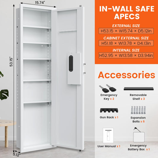 53.15" Wall Safe Between the Studs, Biometric Hidden Wall Safe with LCD Keypad & Dual Alarm, In Wall Gun Safe with 5 Adjustable Shelves & Magnetic Slot (White-Biometric) - image 2