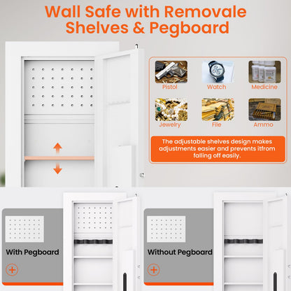 kavey 47.24" Wall Safe Between the Studs, Hidden Safe with Pegboard & LCD Keypad, Digital In Wall Gun Safe with 3 Removable Shelves, Magnetic Gun Slot, In Wall Safe (White-Digital) - image 3