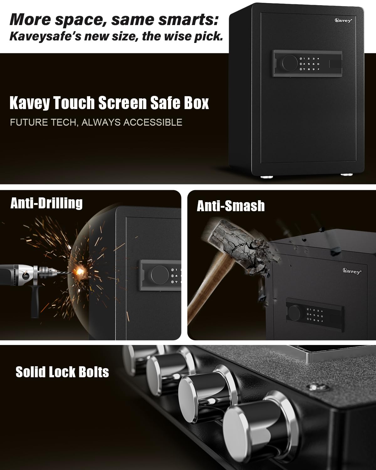 Kavey 2.5 Cub Safe Box, Large Home Safe with Fireproof Waterproof Bag, Security Safes with Backlit Touch Screen Keypad, Dual Alarm System and Mute Function for Home Office 13"D x 14.96"W x 21.65"H - image 2
