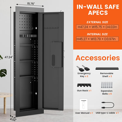 47.24" Wall Safe Between the Studs, Hidden Safe with Pegboard & LCD Keypad, Digital In Wall Gun Safe with 3 Removable Shelves, Magnetic Gun Slot, In Wall Safe (Black-Digital) - image 5