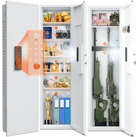 53.15" Wall Safe Between the Studs, Biometric Hidden Wall Safe with LCD Keypad & Dual Alarm, In Wall Gun Safe with 5 Adjustable Shelves & Magnetic Slot (White-Biometric) - image 1