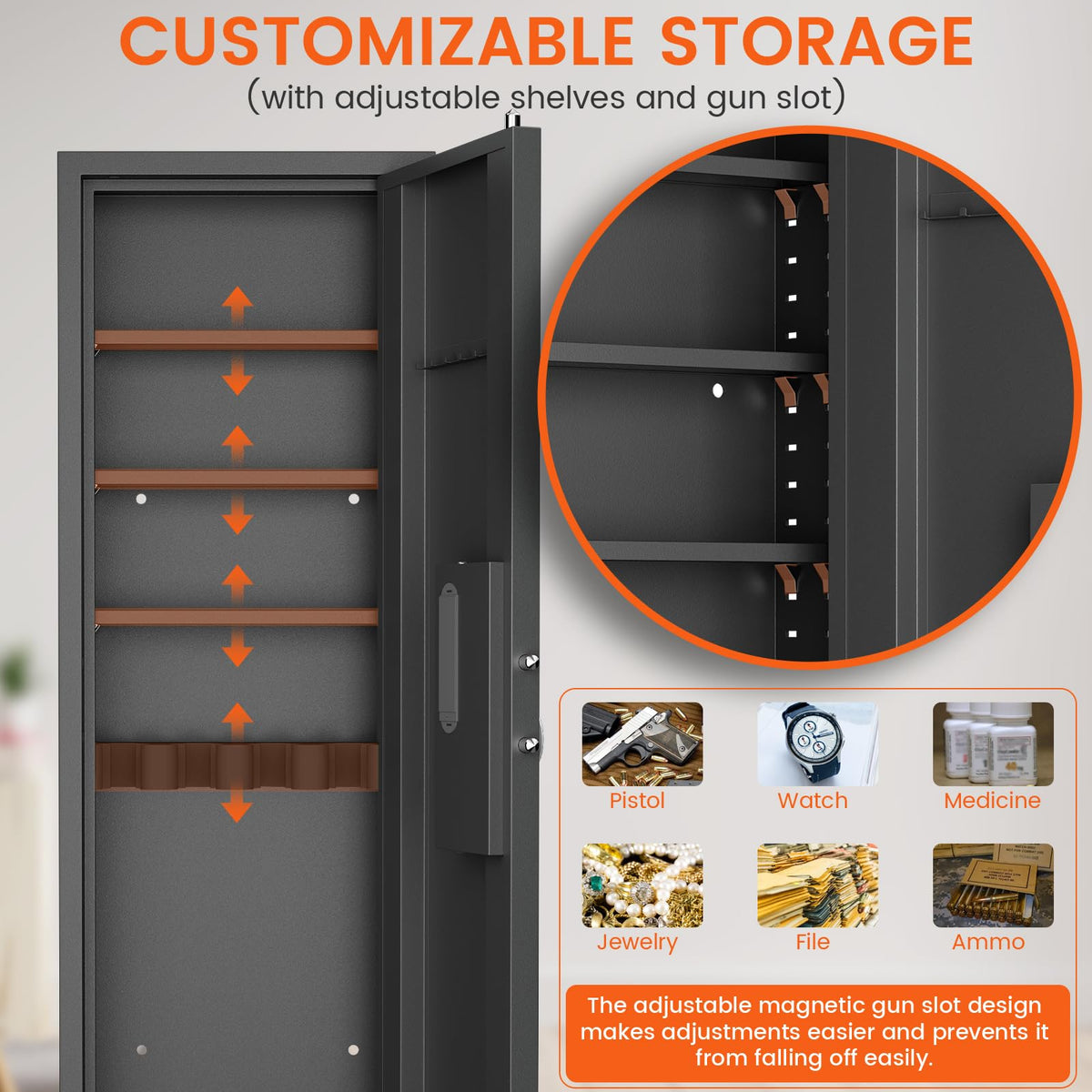 53.15" Wall Safe Between the Studs, Digital Hidden Safe with LCD Backlit Keypad, Large Wall Gun Safe with 5 Adjustable Shelves & Magnetic Slot for Home (Black-Digital) - image 6