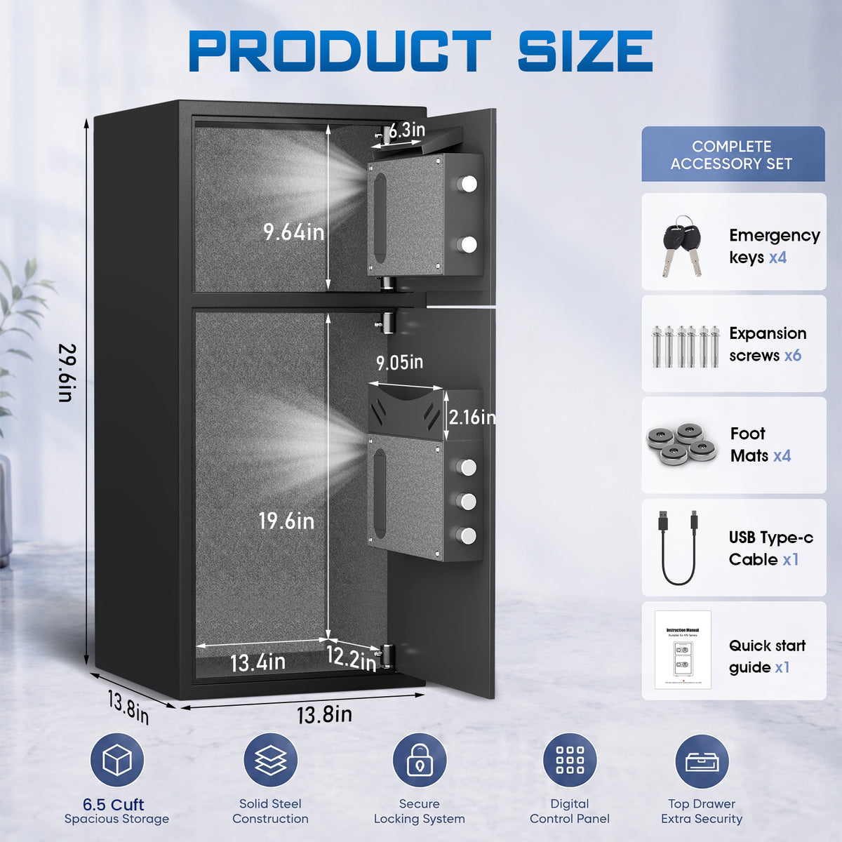 KAV-KL-75D  kavey 6.5 Cu. Ft. Fireproof Waterproof Safe Box with Digital Keypad, LED Light, Dual Alarm System