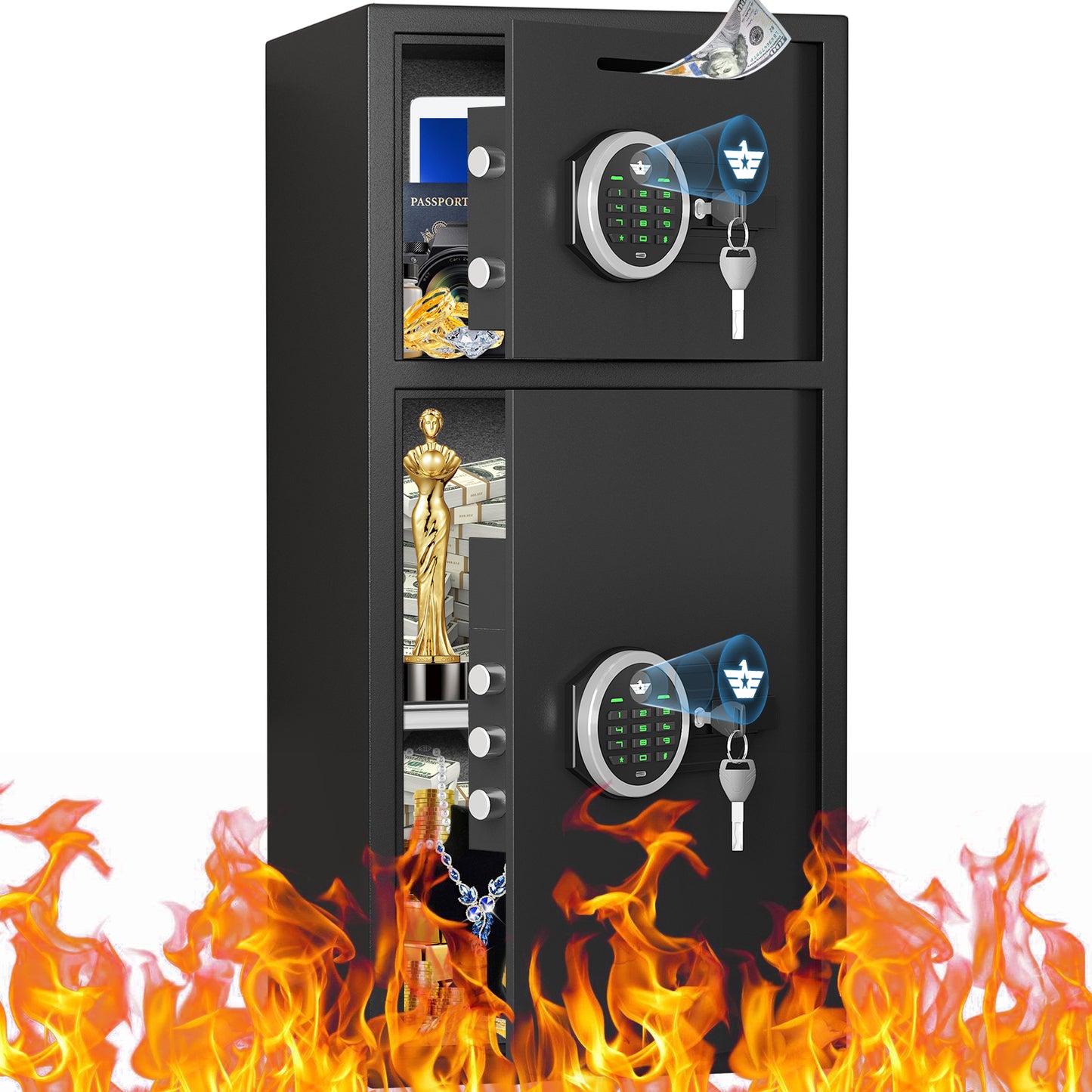 OME KM-75 6.5 Cub Home Safe Box Fireproof Waterproof, Money Safe with Deposit Slot and Backlit Keypad, Heavy Duty Home Safe with Dual Alarm Sytem, Fireproof Safe with 2 Doors for Home Valuables