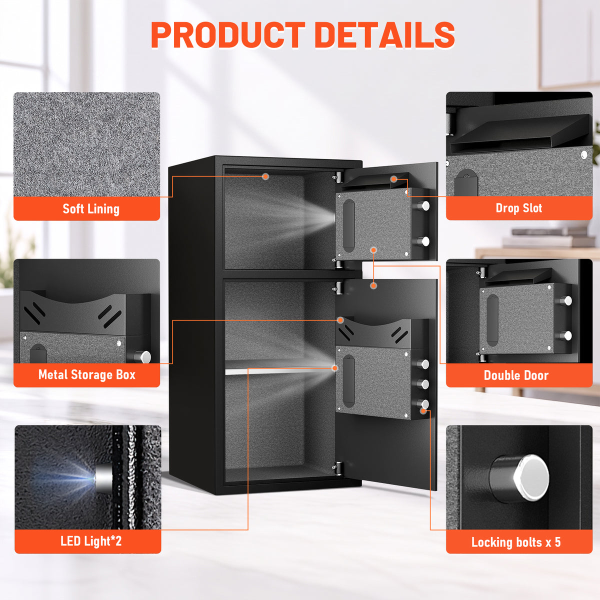 HK KM-65W Pacriond 6.0 Cuft Fingerprint Password Safe Box Fireproof with LED Light for Home Office, Large Safes with Deposit Slot & Dual Alarm System, Security Box for Valuables