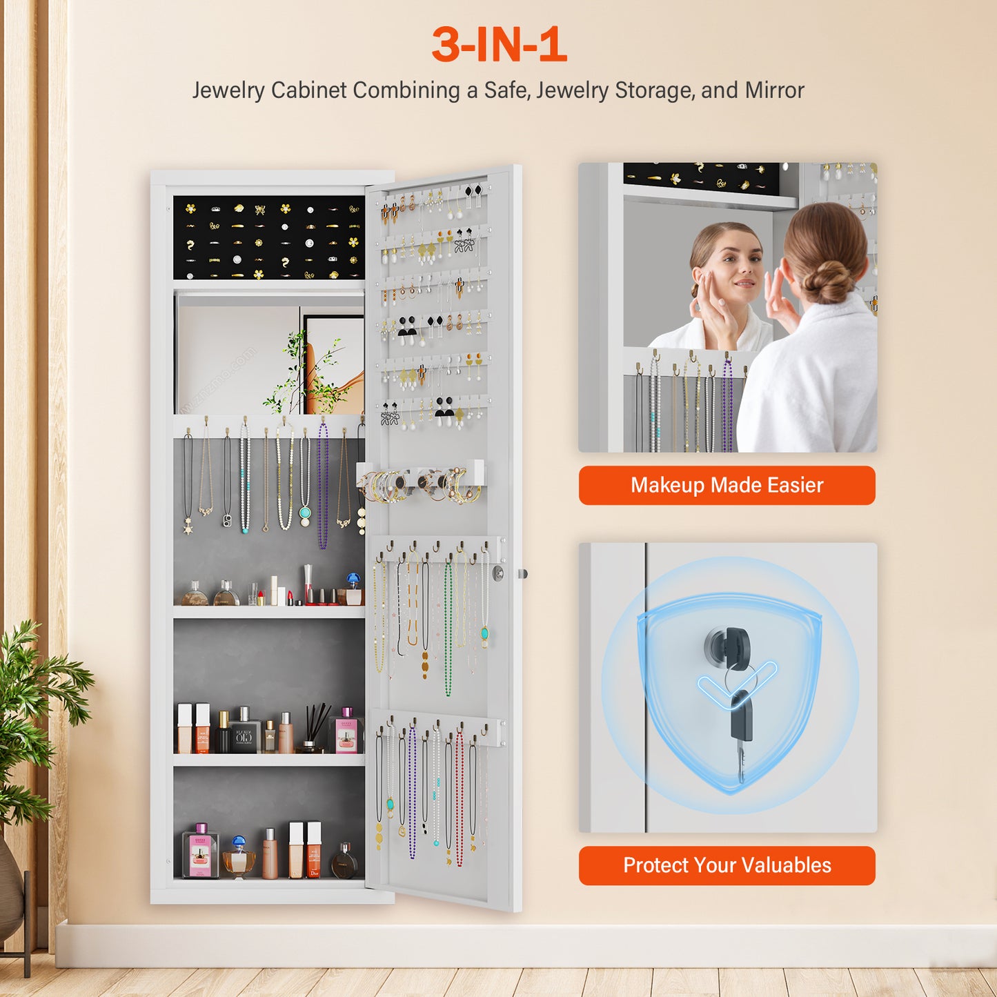 OME KW-120 Mirror Jewelry Cabinet, 47.24" Tall Wall Mounted Jewelry Cabinet with Mirror and Light, Large Jewelry Armoire Organizer, Jewelry Storage with Lock & Adjustable Shelves (White