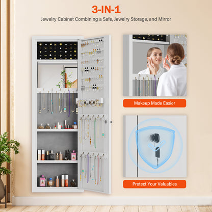 OME KW-120 Mirror Jewelry Cabinet, 47.24" Tall Wall Mounted Jewelry Cabinet with Mirror and Light, Large Jewelry Armoire Organizer, Jewelry Storage with Lock & Adjustable Shelves (White