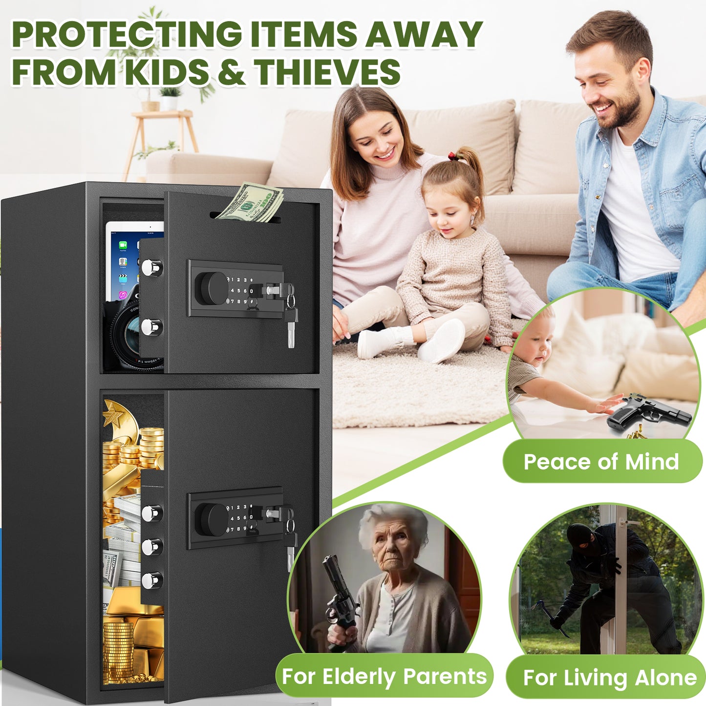 BM- KN-65 6.0 Cub Home Safe Box, Large Capacity Safe with Gewelry Drawers, Digital Safe with Removable Shelves and Alarm System.