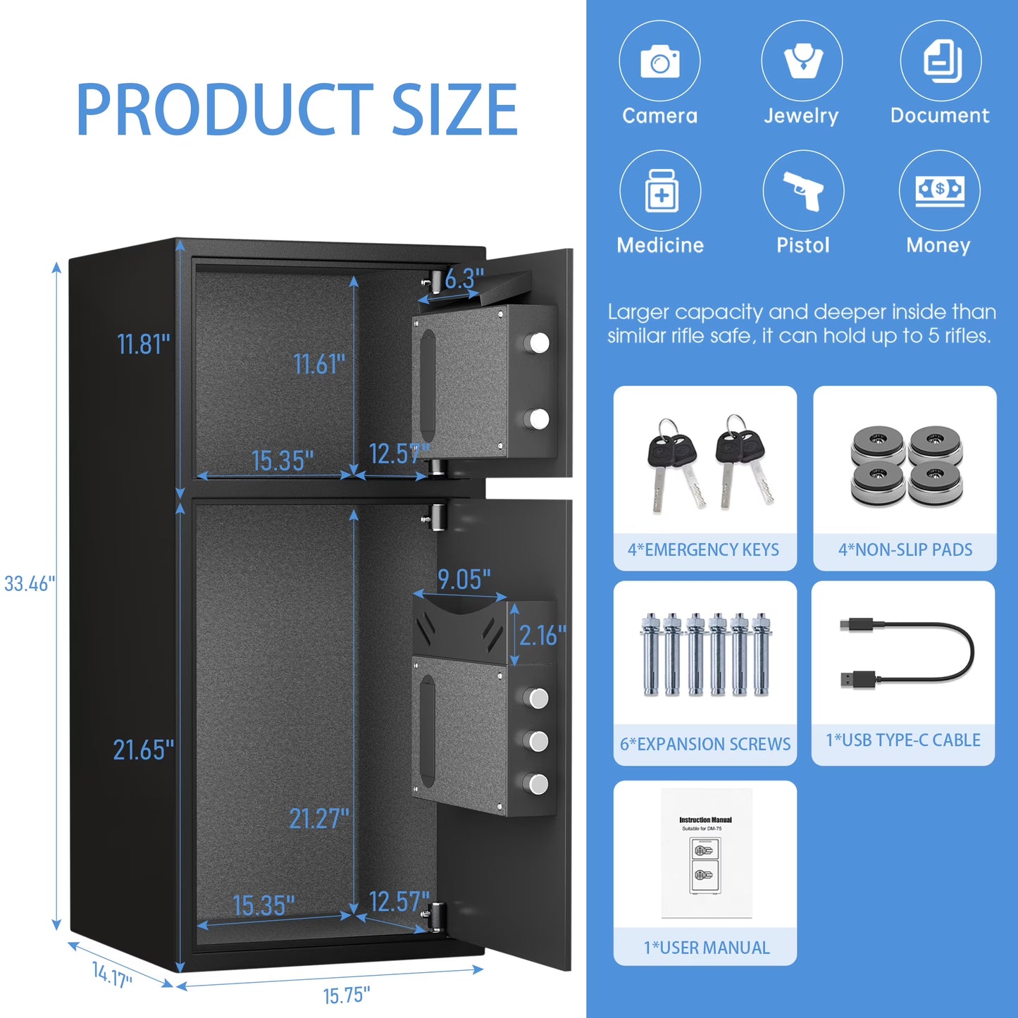 SDI-KM-75D 6.5 Cu ft Home Safe Box - Fireproof Depository Drop Safe with Backlit Keypad&Alarm System for Business Home