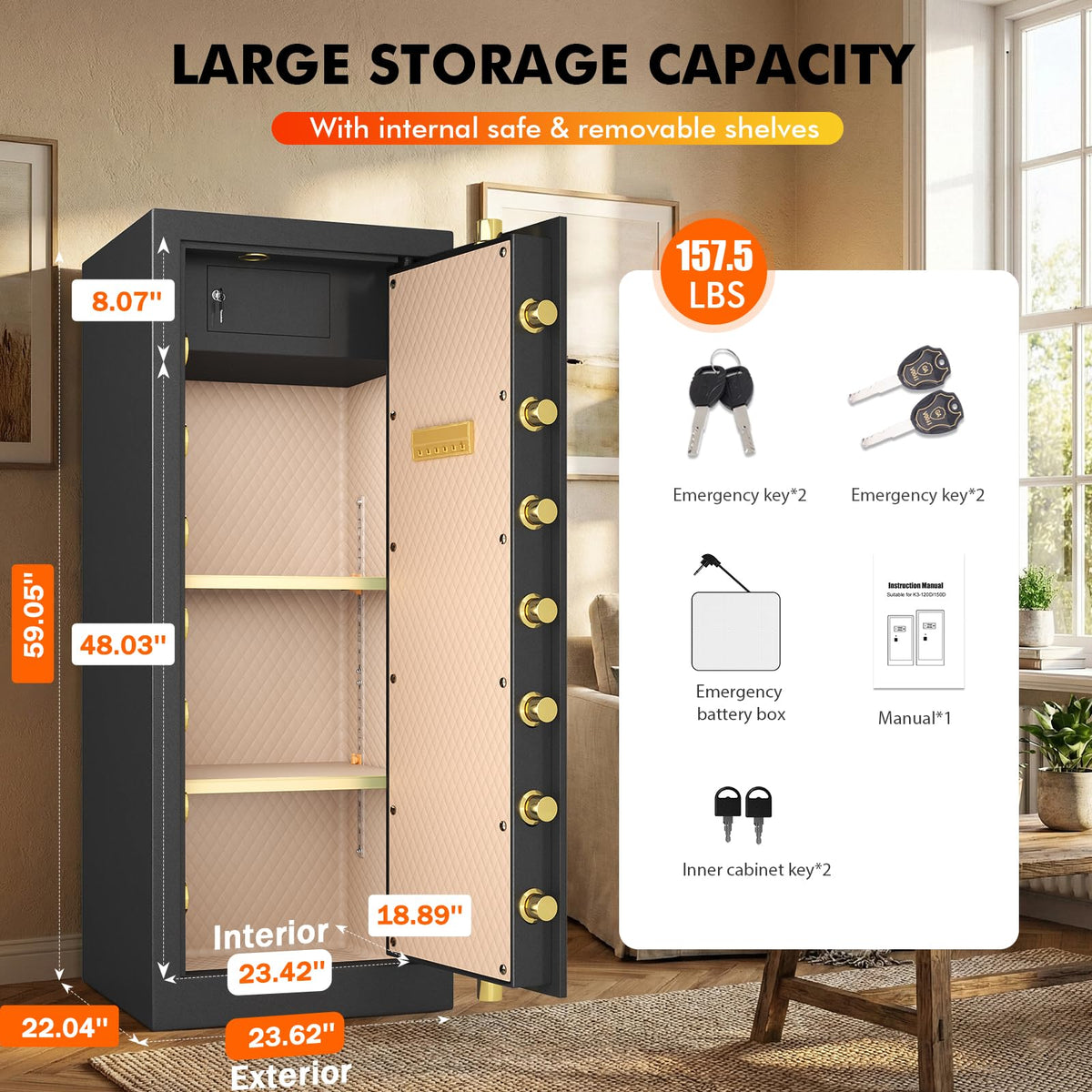 Kavey 59" Extra Large Safe Box for Home Office, 17.6 Cu.Ft Heavy Duty Steel Cabinet Safe with 9 Locking Bolts, Tall Safes with Alarm System, LCD Screen and Inner Cabinet for Jewelry Money Documents - image 5