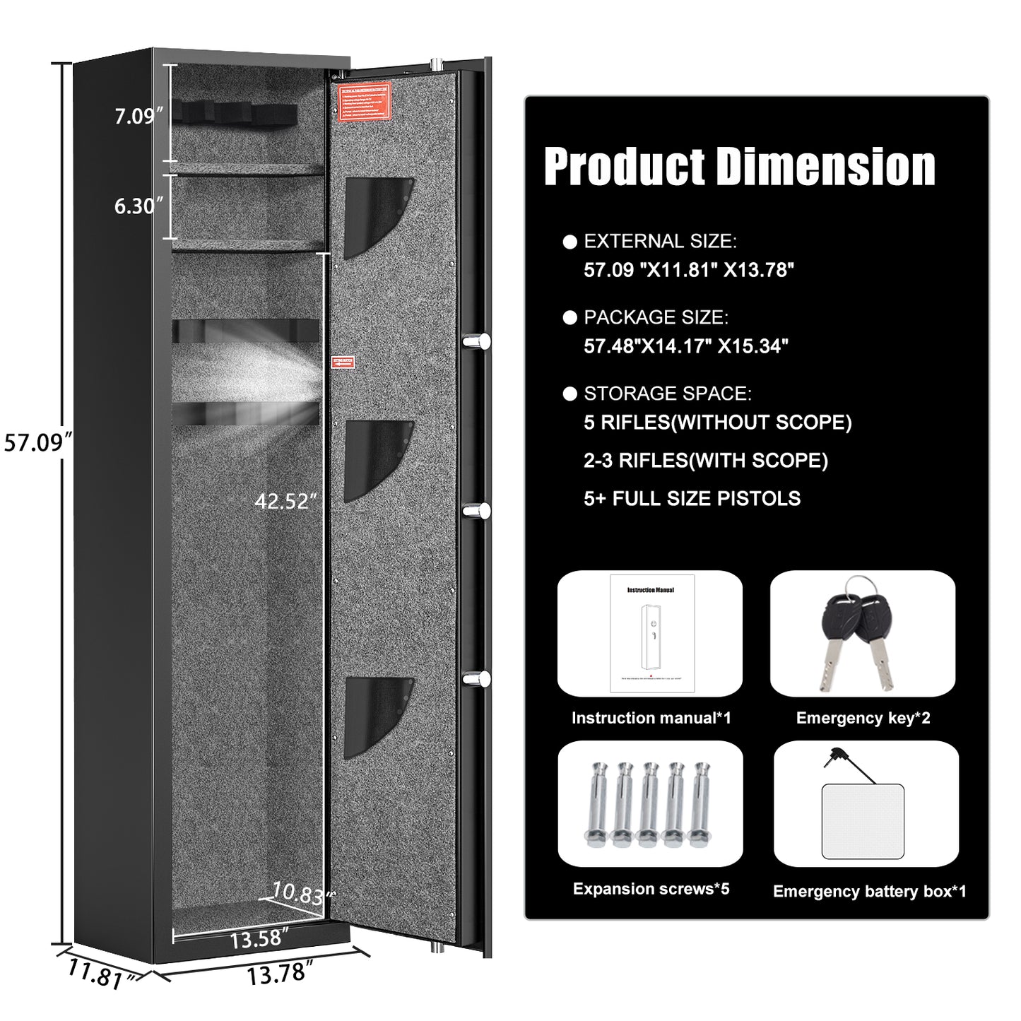 5-6 Gun Safe,Large Gun Safe with Dight Keypad and Dual Alarm, Gun Cabinet with Removeable Shelf and Rack, Gun Safes for Home Shotguns and Pistols