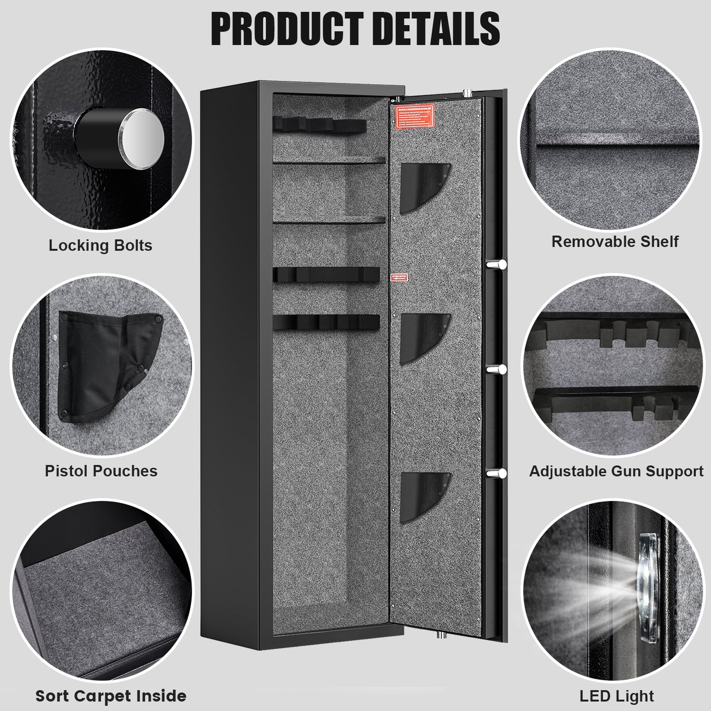 5-6 Gun Safe,Large Gun Safe with Dight Keypad and Dual Alarm, Gun Cabinet with Removeable Shelf and Rack, Gun Safes for Home Shotguns and Pistols