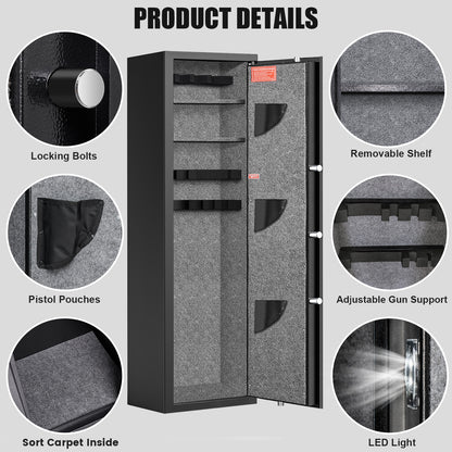 5-6 Gun Safe,Large Gun Safe with Dight Keypad and Dual Alarm, Gun Cabinet with Removeable Shelf and Rack, Gun Safes for Home Shotguns and Pistols
