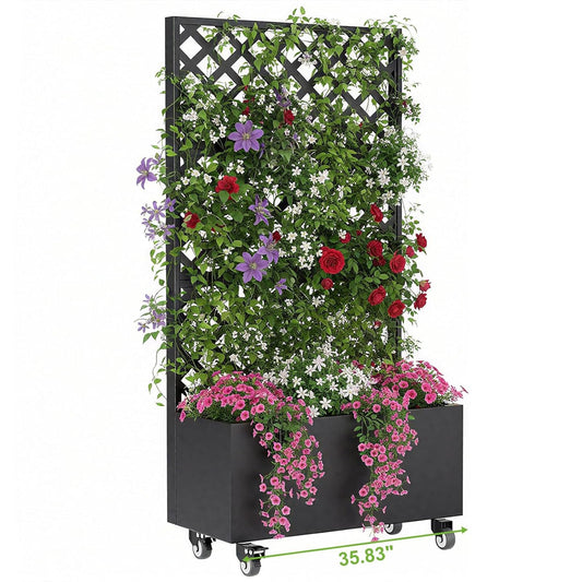 Metal Planter Box with Trellis, 72”Metal Raised Garden Bed with Trellis, Outdoor Planter Box with Privacy Screen, Trellis Plante Box with Drainage Holes & Lockable Casters for Climbing Plants, Flowers - image 1