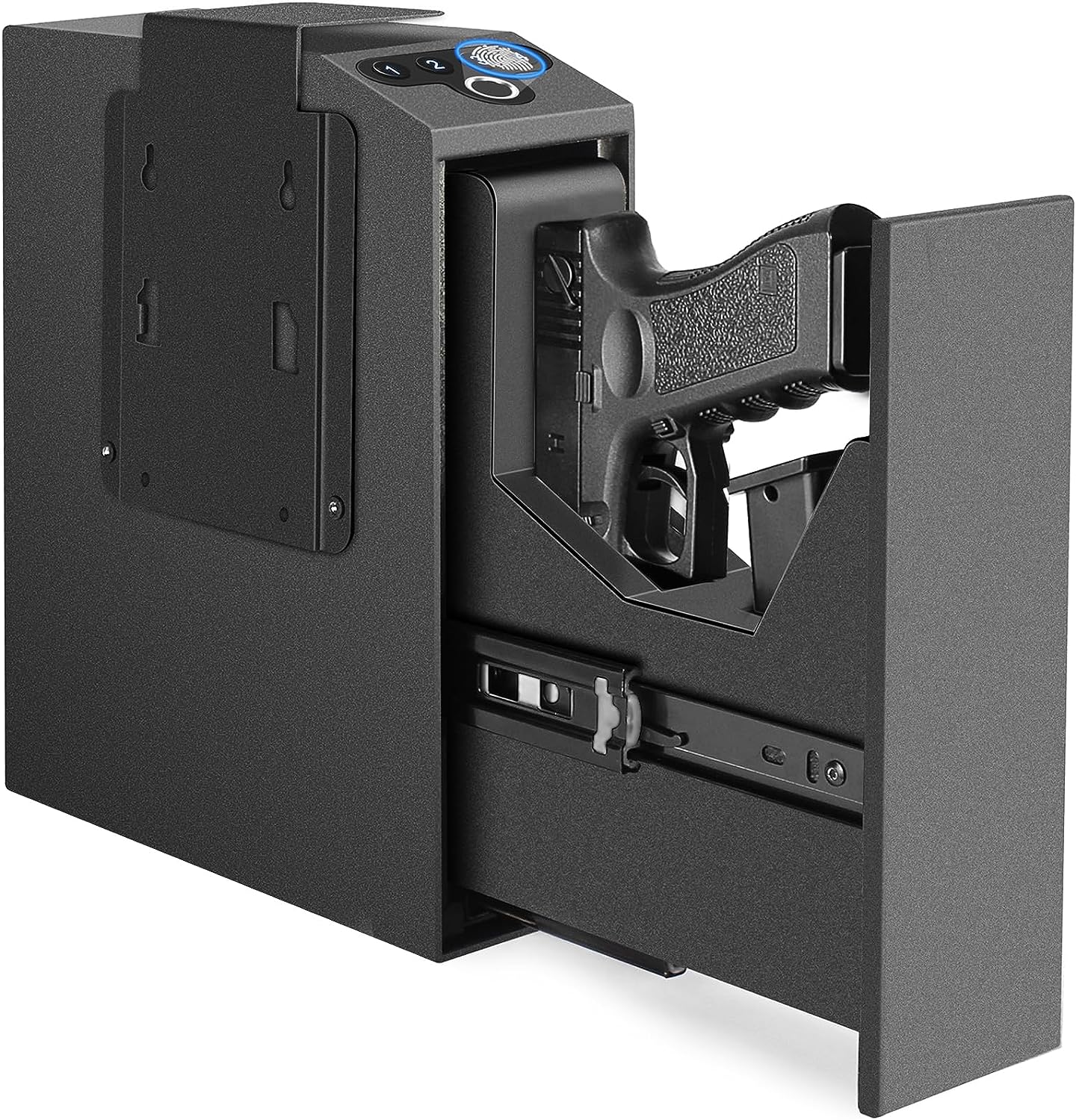 Kavey Biometric Slider Handgun Gun Safe for Nightstand, Desk, Bed Side,Truck - Auto Sliding Door Hand Gun Safe for Pistol -with Fingerprint, PIN Code, KEY Access