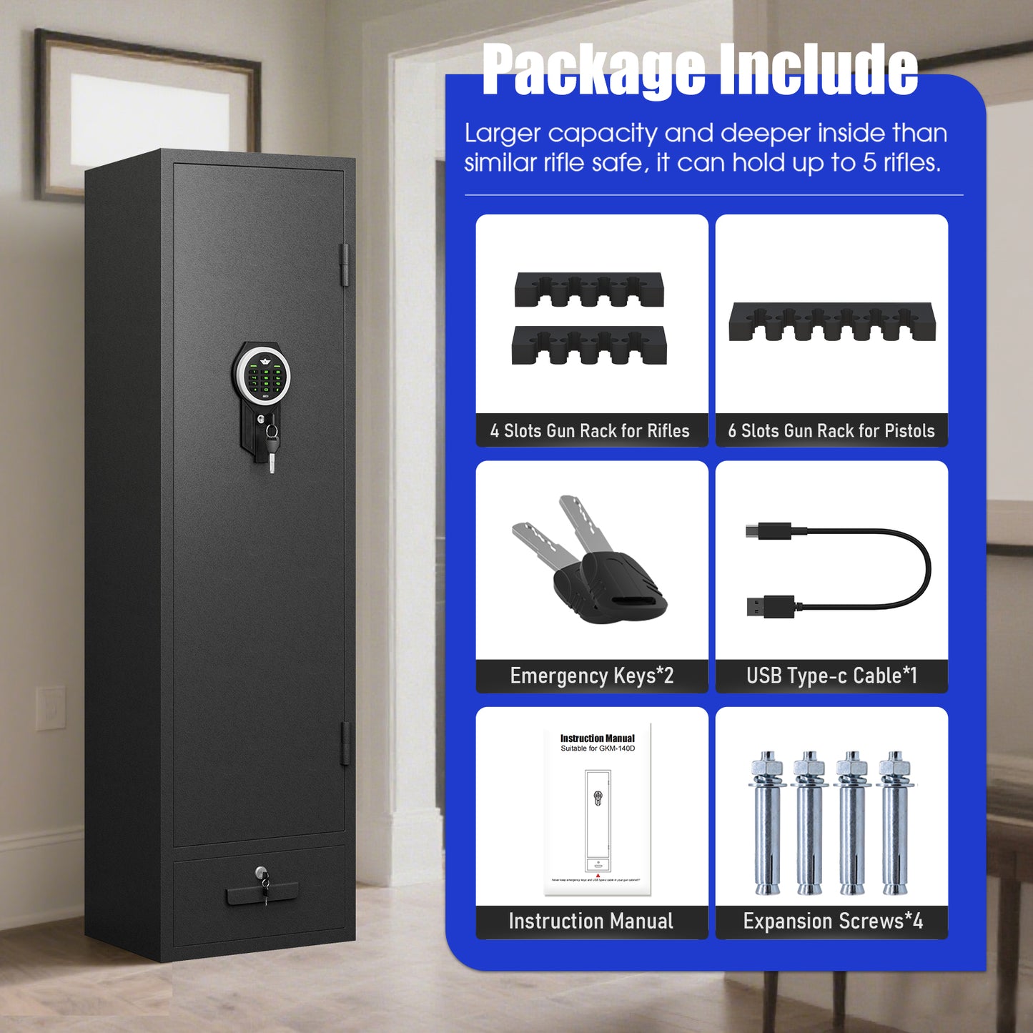 BM-GKM-140 6 -7 Gun Safe, Gun Cabinet for Home Office,Digital gun safe with Keypad and Dual Alarm System