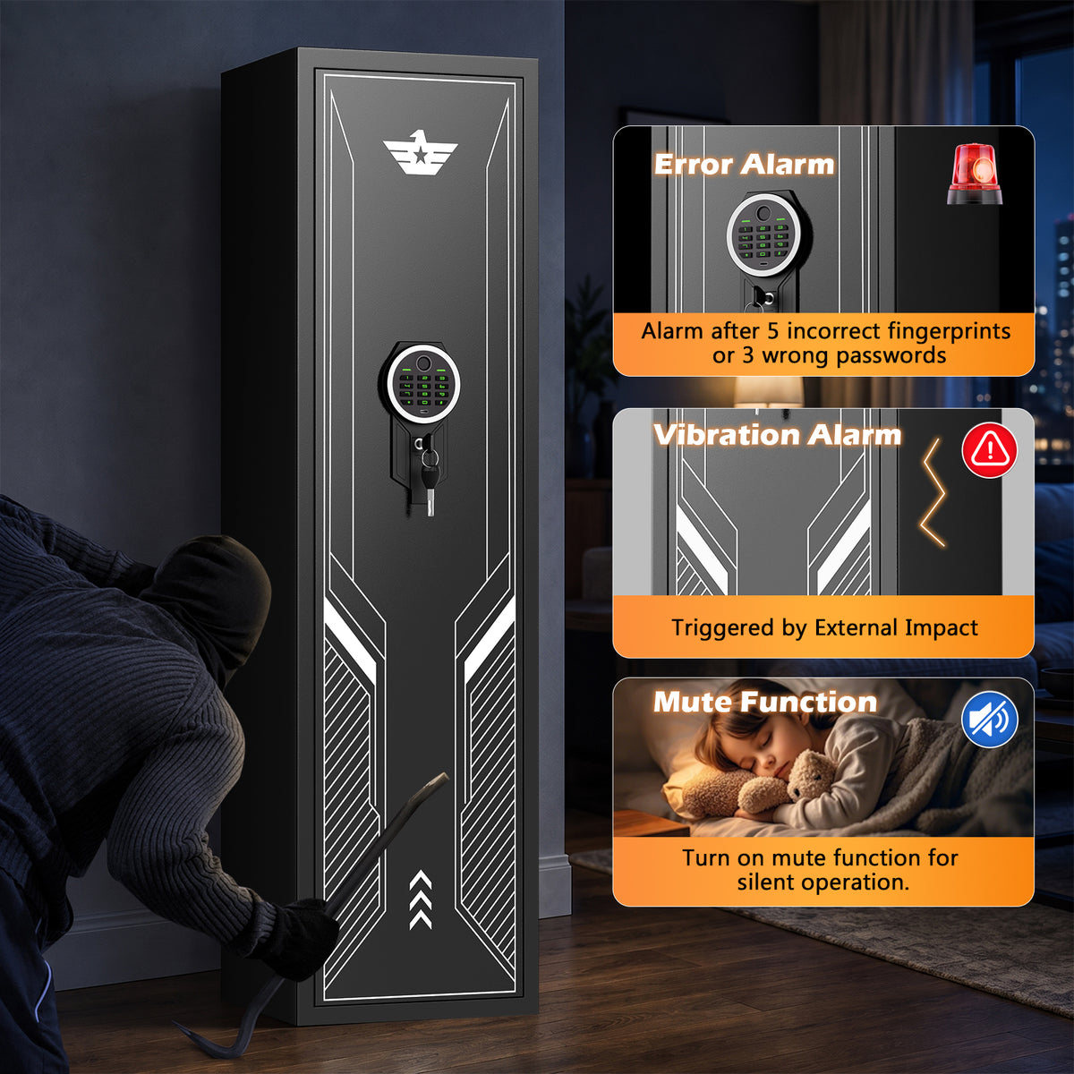 KAV-GKM-138W- 5-7 Gun Safe, Biometric Fingerprint Gun Safe for Pistols and Shotguns, Long Gun Cabinet with Adjustable Gun Rack, Removable Shelf and Pistol Bags