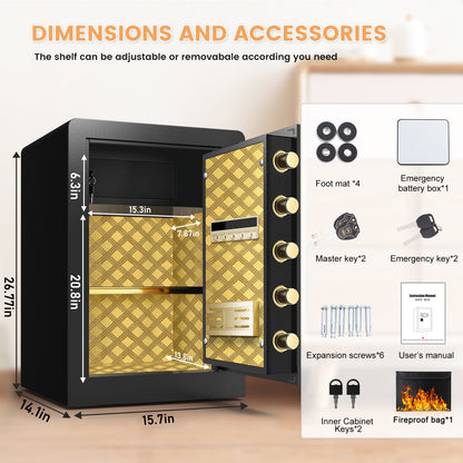 OME K3-68 Extra Large Fireproof Waterproof Safe Box with Deposit Slot & Adjustable Shelf - Home & Office Security Safe with Soft PU Leather Lining, Large LCD Screen & Dual Alarm