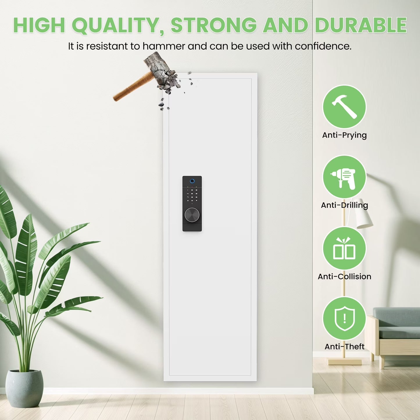 SDI-KW-135BW, Silkight 53.15" Wall Safe - Biometric Hidden Safe with Dual Alarm System, 3 Adjustable Shelves - White