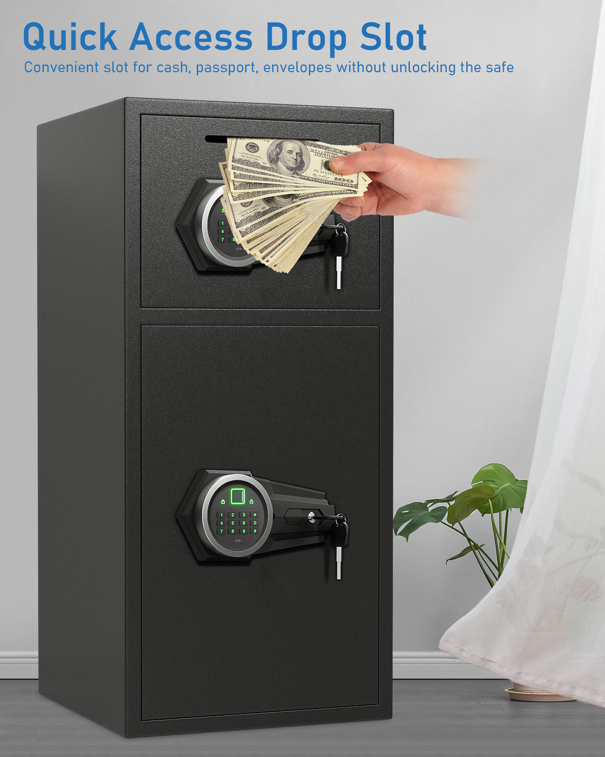 OME KL-75W 6.5 Cub Large Home safe Fireproof Waterproof, Biometric Safe Box with Slot & Metal Deposit Storage Box, Money Box with Dual Alarm System & Mute Mode for Valuables