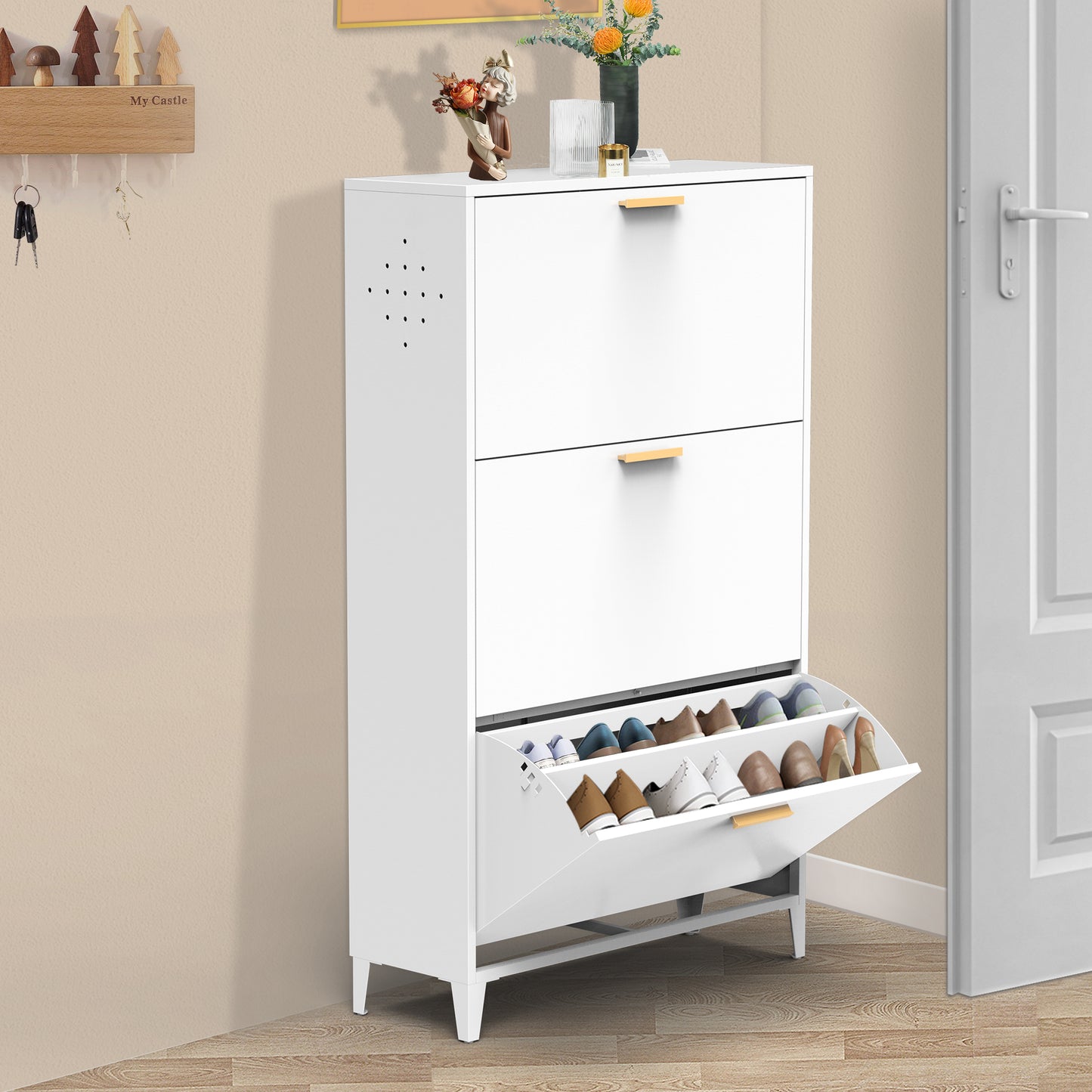 2411-White Shoe Cabinet with 3 Flip Drawers Living Room Bedroom Entrance