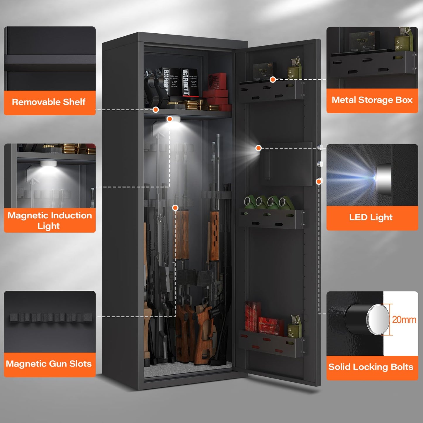 BM-AK1-132W 【2025 New】8-10 Unassembled Gun Safe, Biological Fingerprint Gun Safe with Multi-Function Gun Cabinet